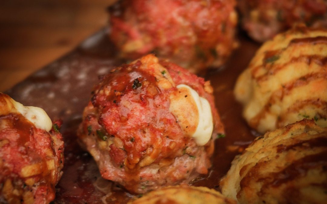 Plank Grilled Veal Meatloaf Balls with Mashed Potatoes & Craft Beer BBQ Gravy