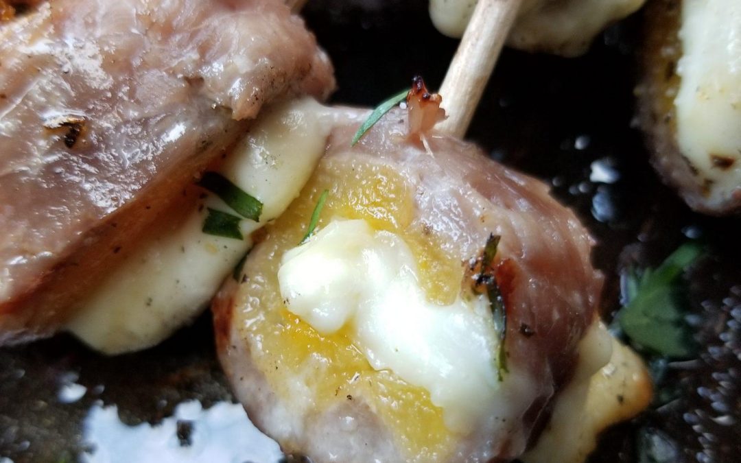Grilled Veal Wrapped Apricots Stuffed with Mozzarella