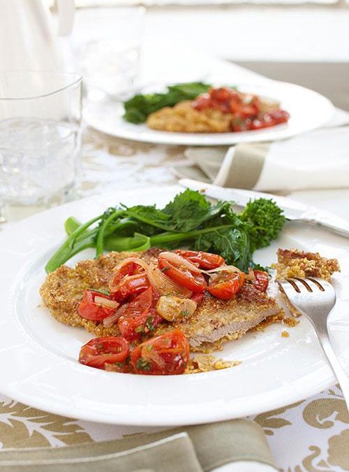 Cornmeal Crusted Veal Scaloppini with Roasted Tomato