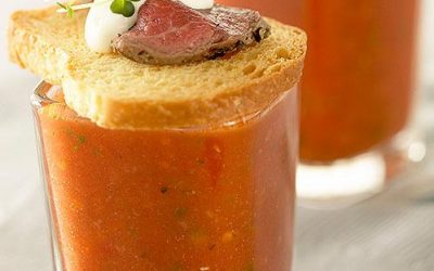 Gazpacho with Ontario Veal Tenderloin Crostini and Creme Fraiche