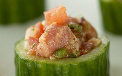 Seared Ontario Veal Striploin with Coriander Salsa in Cucumber Cups