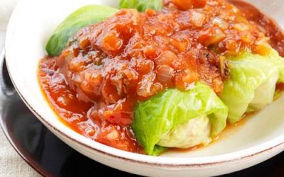 Smoky Veal Stuffed Cabbage Rolls with Roasted Tomato Sauce