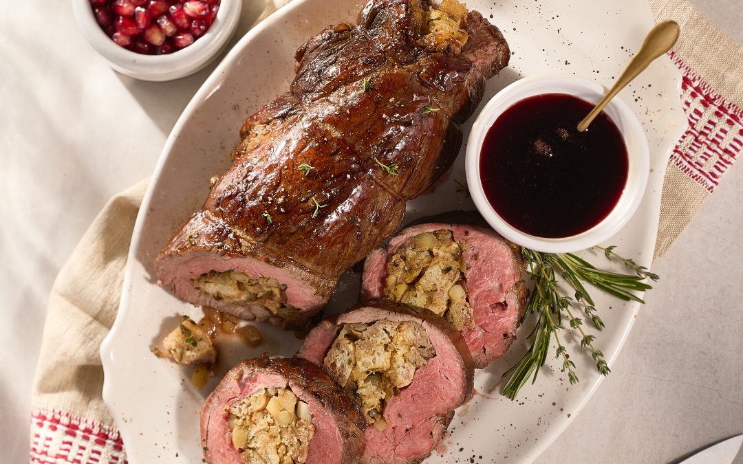 Pomegranate-Glazed Veal Tenderloin Stuffed with Apple Cinnamon Stuffing