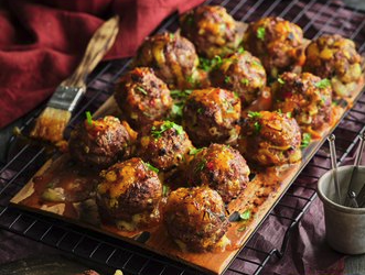 Plank Grilled Veal Meatballs with Chili Orange Glaze