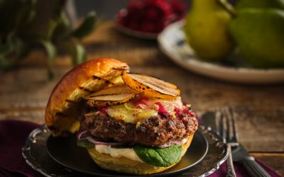 Grilled Ontario Veal Burgers with Oka Cheese and Grilled Pear