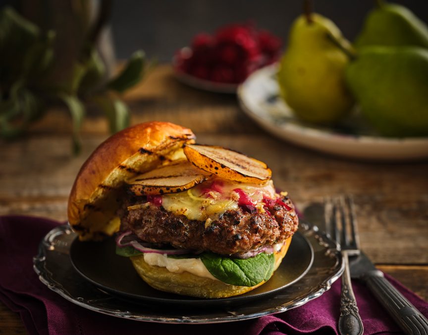 Grilled Ontario Veal Burgers with Oka Cheese and Grilled Pear