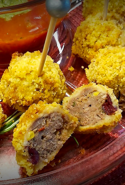 Veal-Stuffed Cornbread Fritters In Holiday Cocktail Sauce