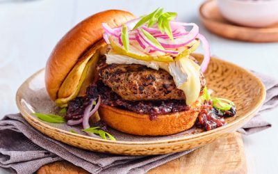 Grilled Veal Burgers w/ Apple, Brie, and Bacon Jam
