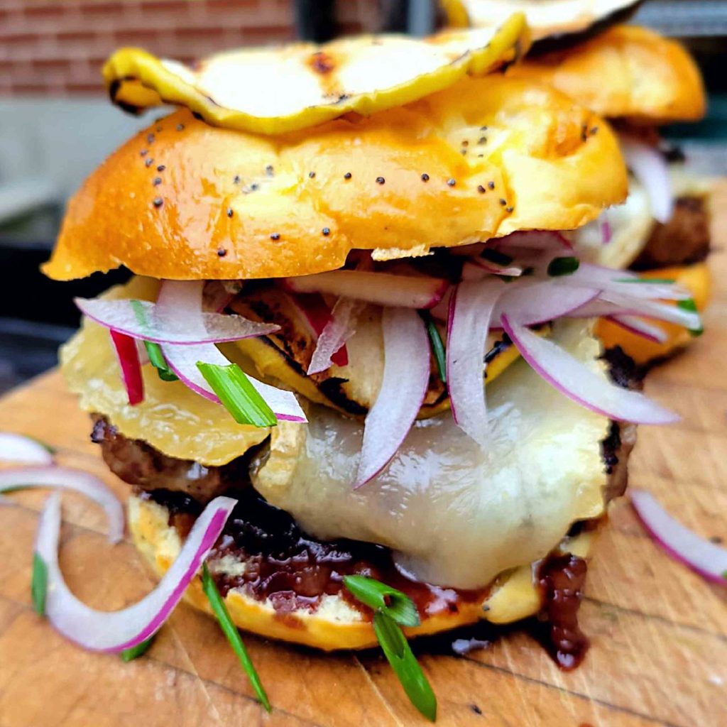 Grilled Veal Burgers w/ Apple, Brie, and Bacon Jam Ontario Veal Appeal
