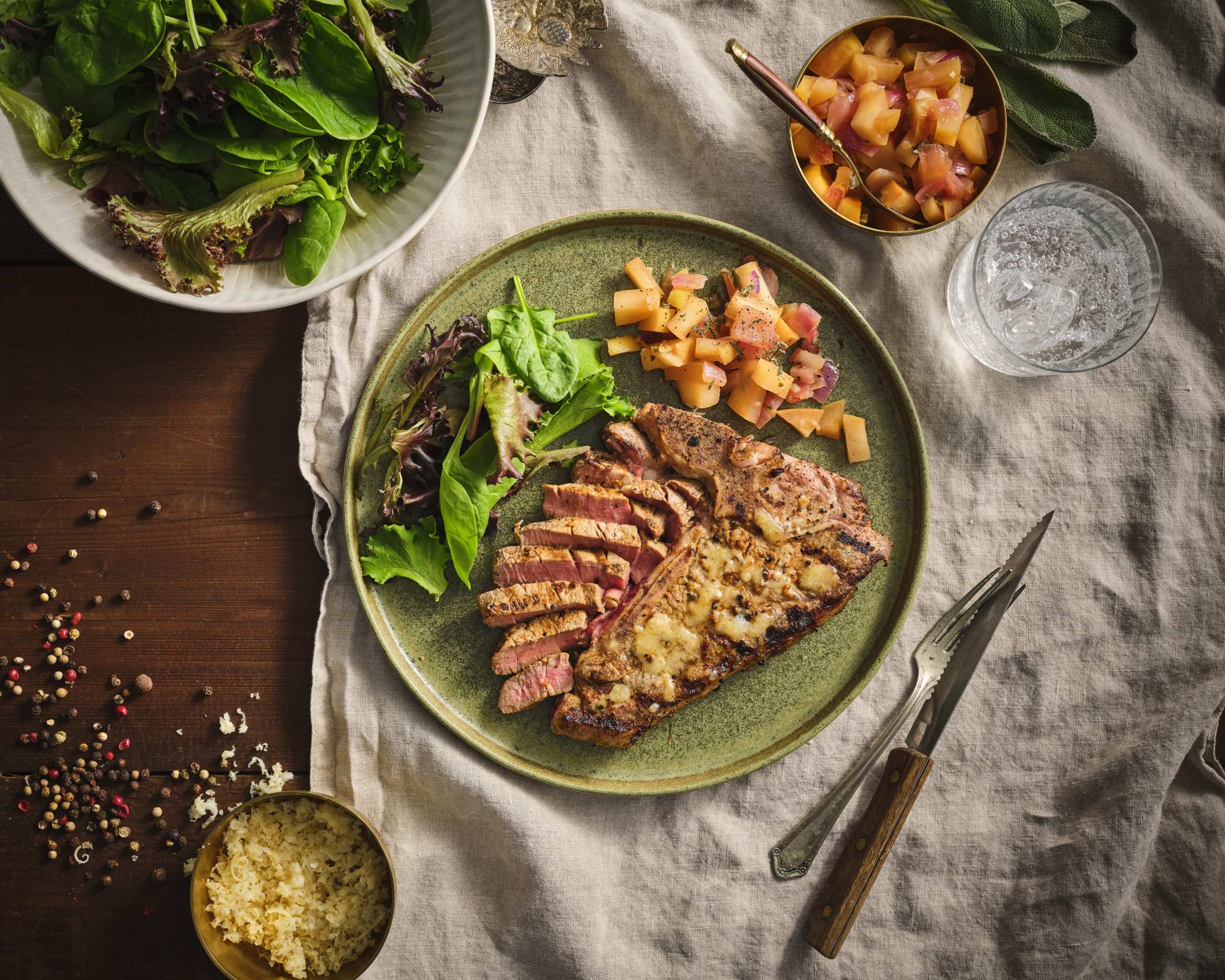 Cider Brined Grilled Veal T-Bones with Smoked Cheddar & Brandied Apple Compote
